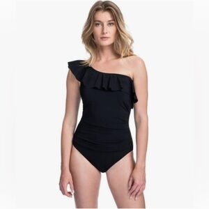 Profile by Gottex One Shoulder Ruffle One-Piece Swimsuit Size 12 Black NWT